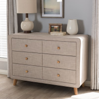 Baxton Studio BBT2041-Beige-Dresser-XD02 Jonesy Mid-Century Beige Linen Upholstered 6-Drawer Dresser